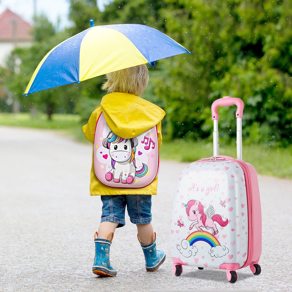 Kids wheeled suitcase and mini unicorn backpack in pink with durable wheels and handle