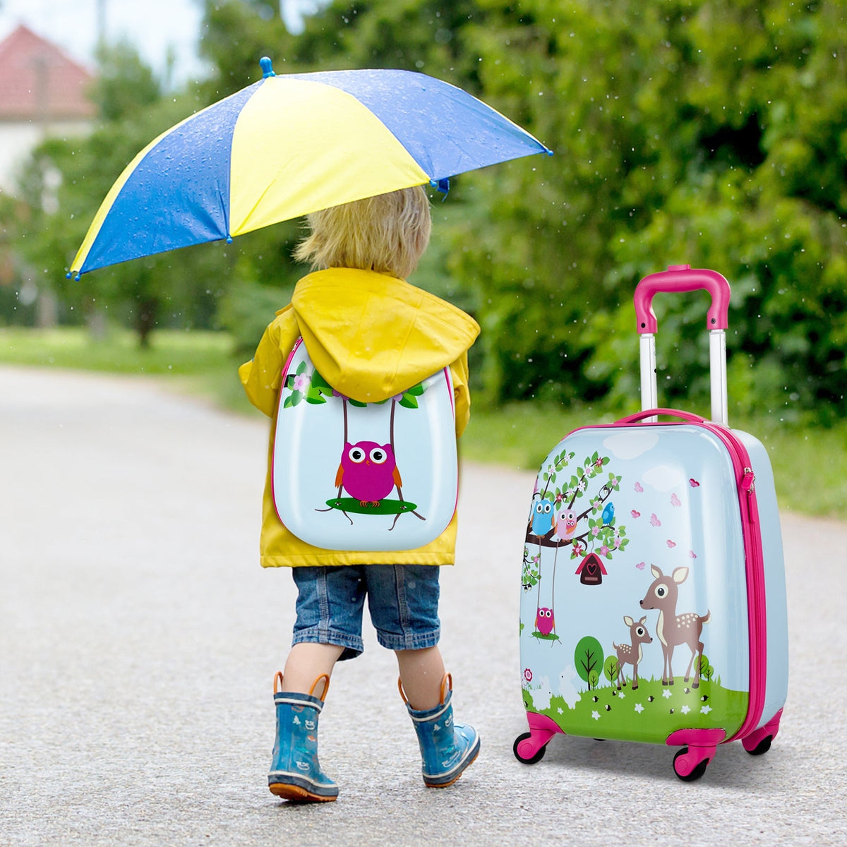 Kids backpack with hood and matching rolling suitcase featuring animal prints and pink trim