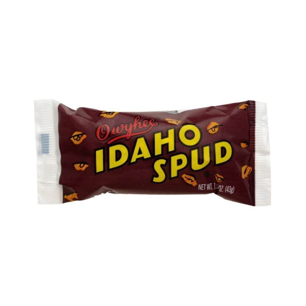Individually wrapped spud-shaped candy bar with dark red wrapper and yellow lettering