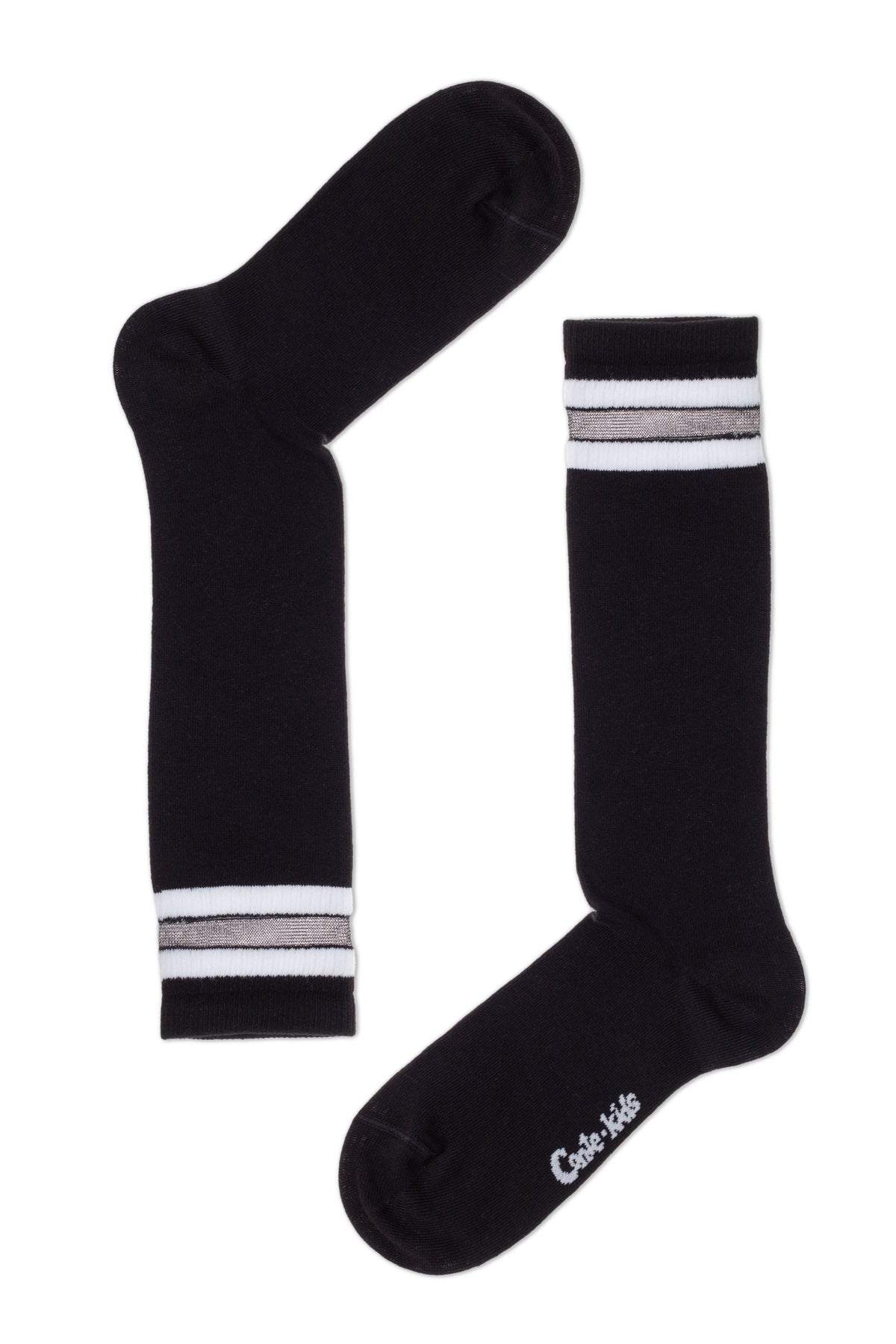 Kids knee-high cotton socks, black pair with white stripe cuffs and logo detail