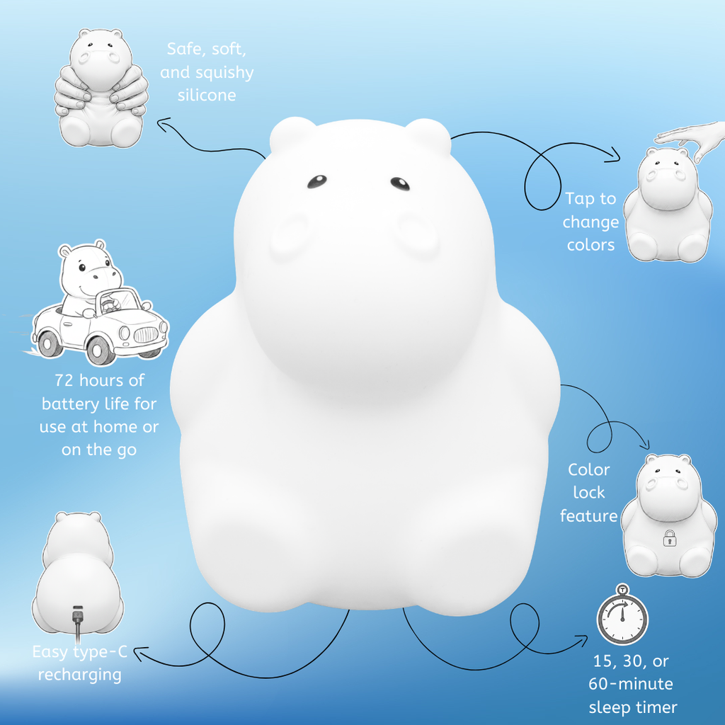 LumiPets Honey hippo touch night light with color-change feature shown by icons