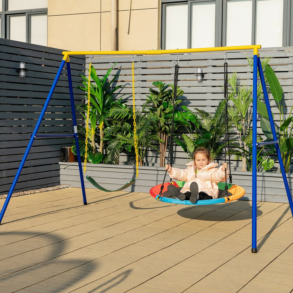 Multicolor saucer swing seat with hanging chains and side grip straps