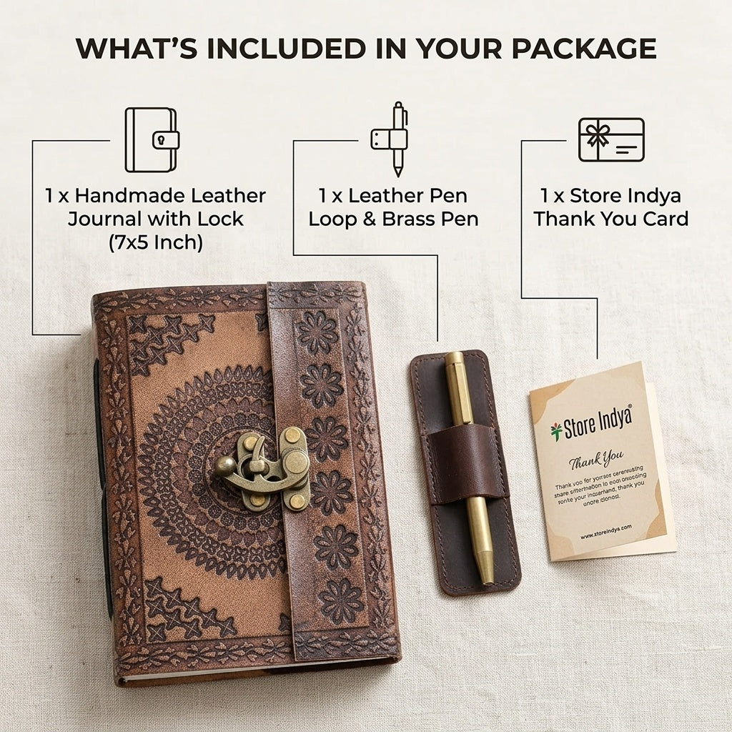 Leather journal with brass lock clasp, shown flat with pen loop and card