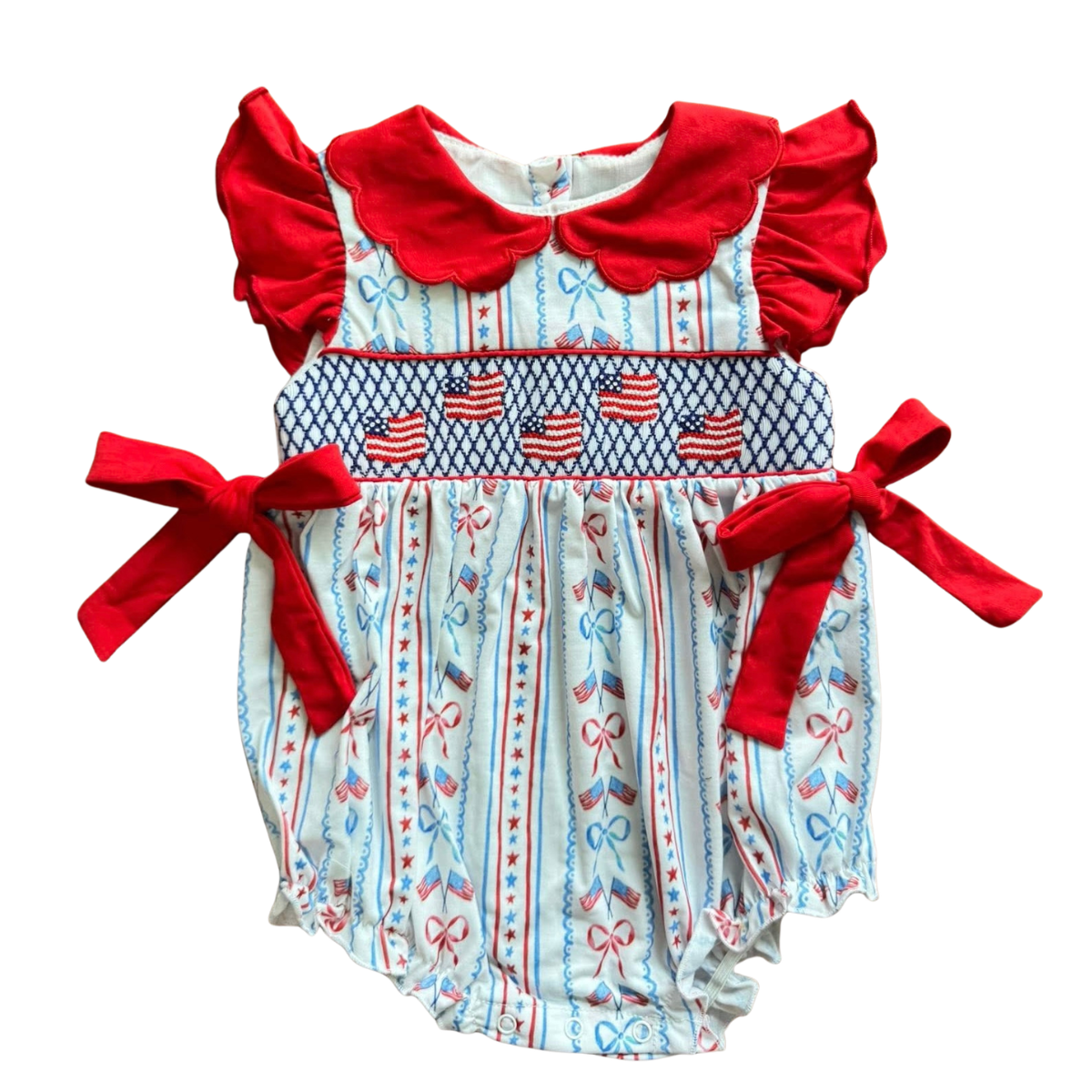 Girls' hand-smocked 4th of July bubble dress, red ruffled collar, blue patriotic print