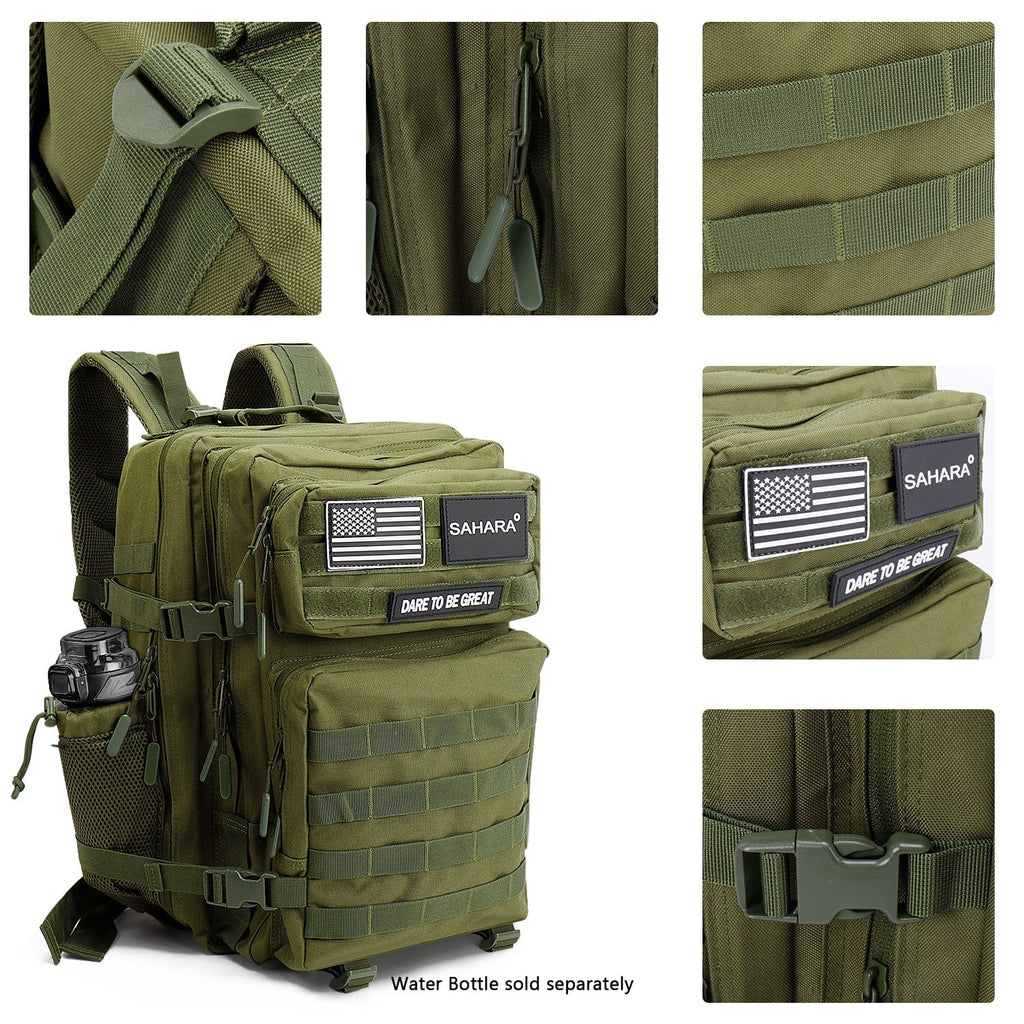 Olive green backpack detail set showing front patch area, straps, and paneling
