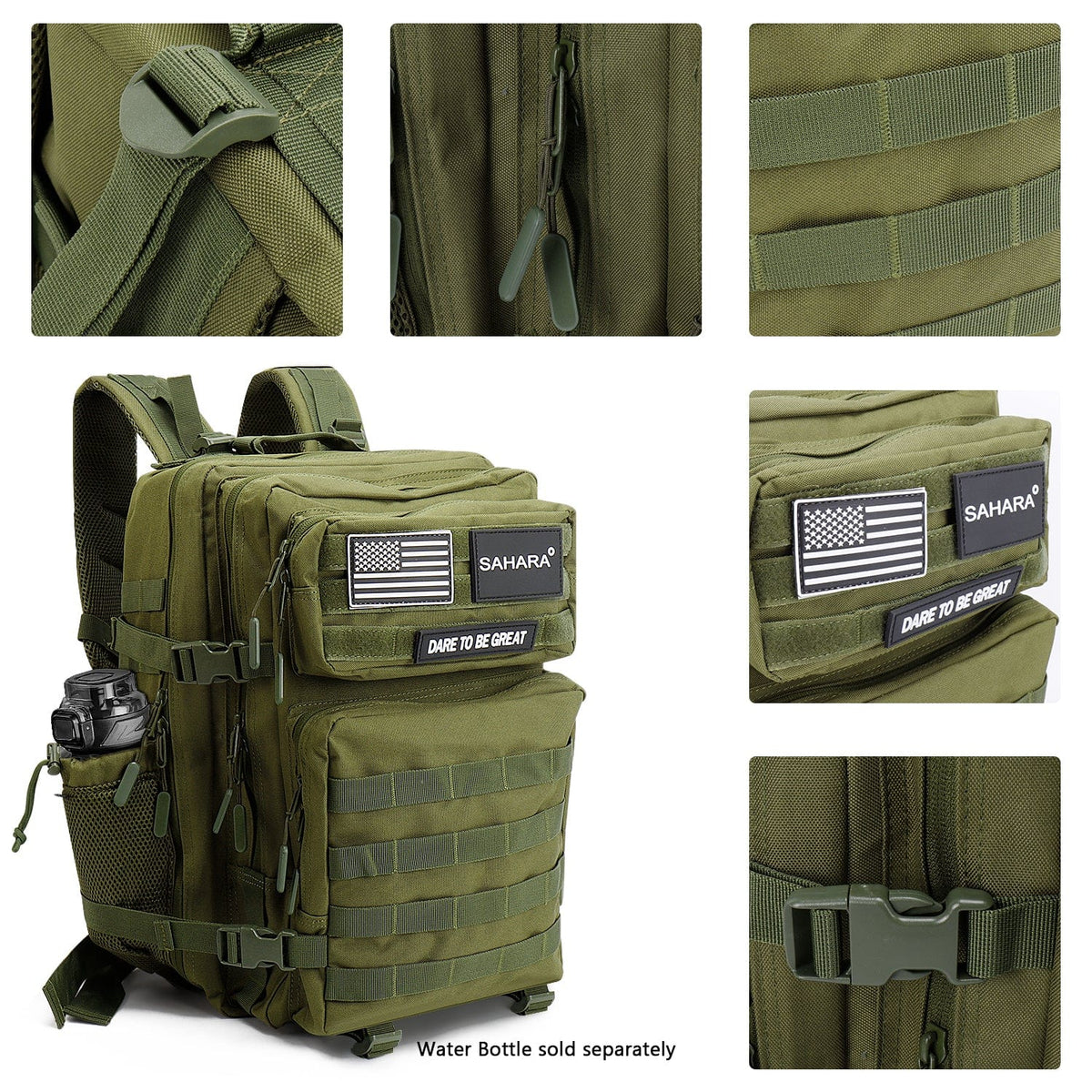 Olive green backpack detail set showing front patch area, straps, and paneling
