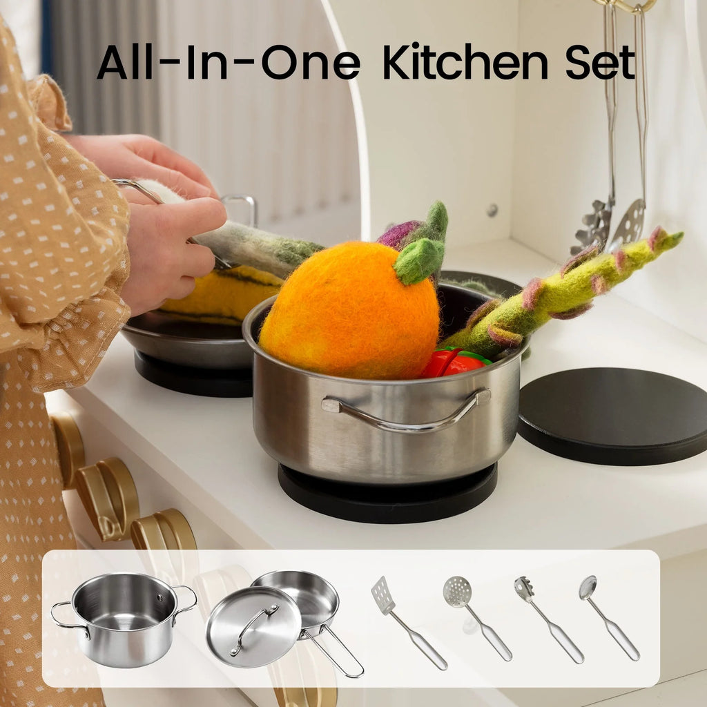 Toy play kitchen cookware set with pots and utensils for pretend cooking