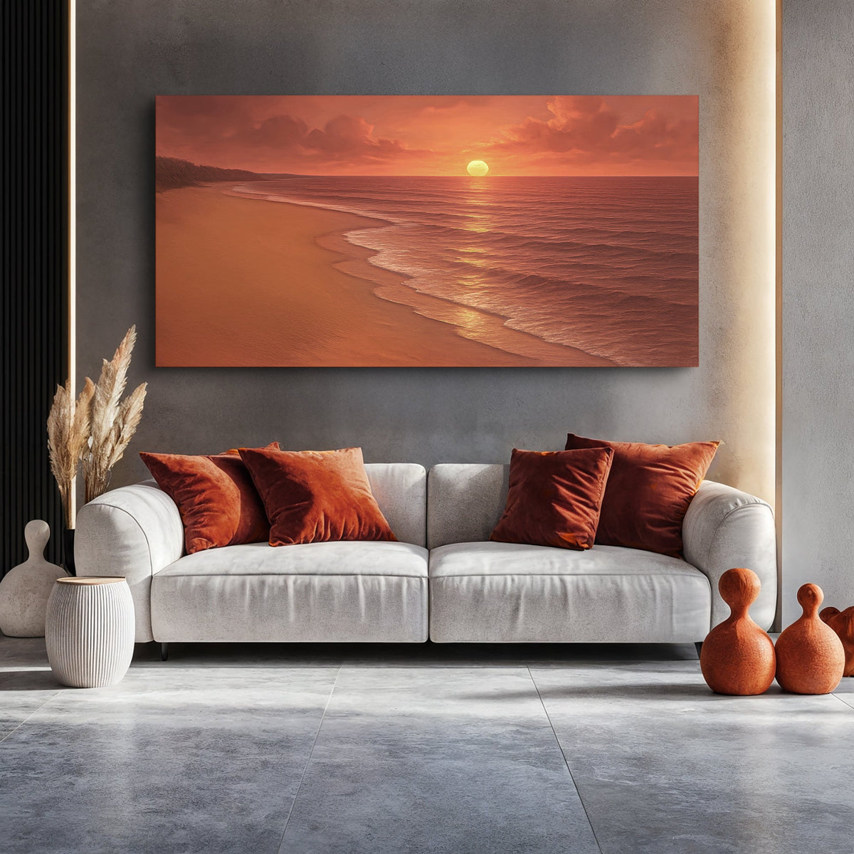 Framed beach shoreline canvas with glowing sunset sun and wet sand wave lines