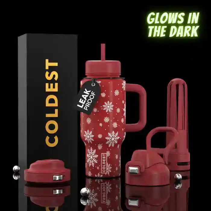 Red 24oz insulated water bottle with snowflake pattern, straw lid, and carry handle