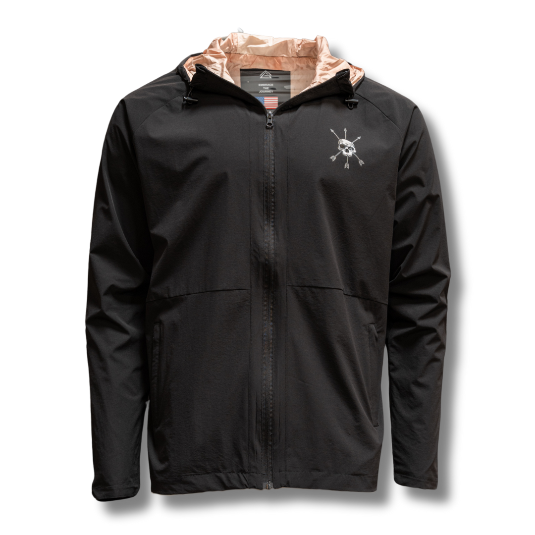 Black full-zip jacket with hood and skull logo on left chest