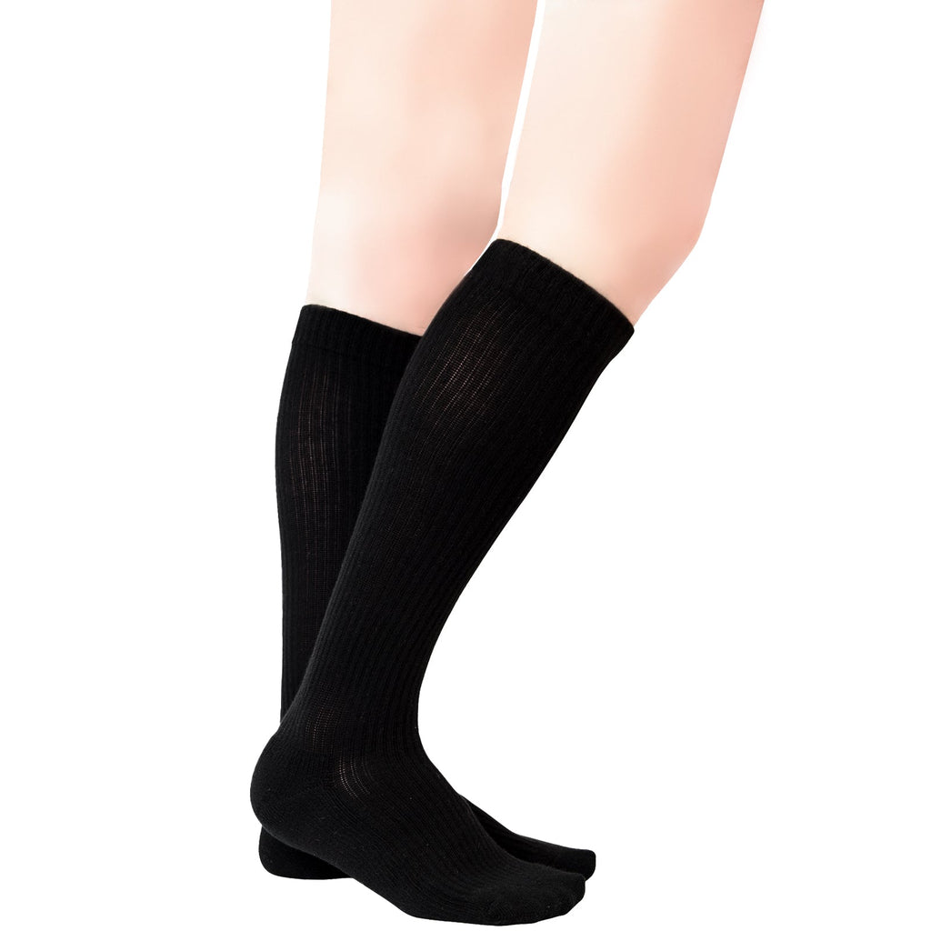 Black closed-toe compression socks, ribbed knit with cushioned sole