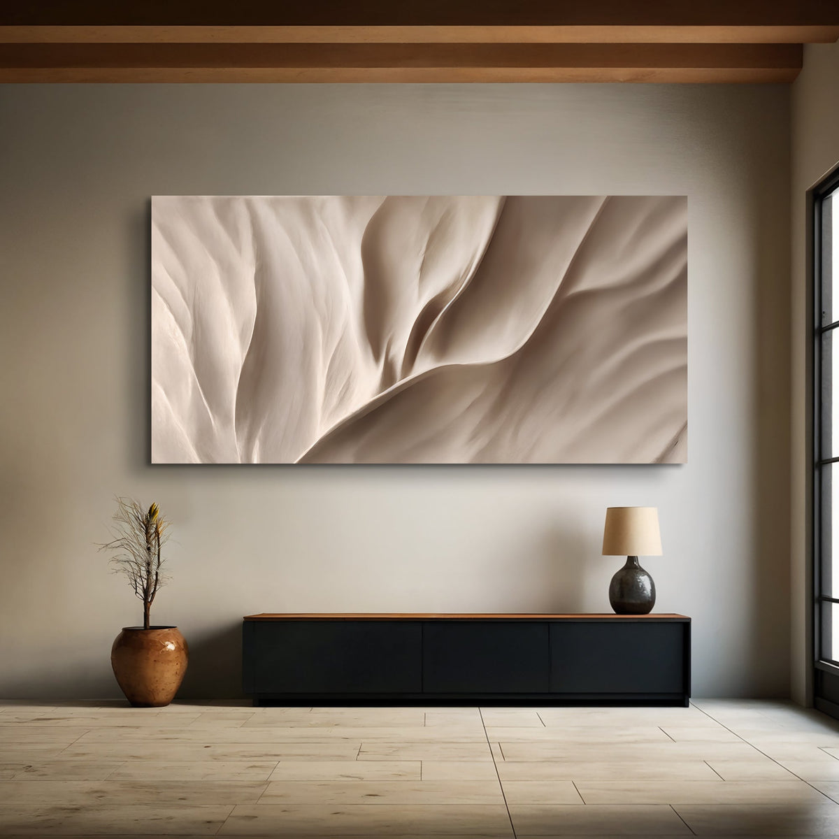 Beige abstract wave wall art on framed canvas with soft curved fold detail