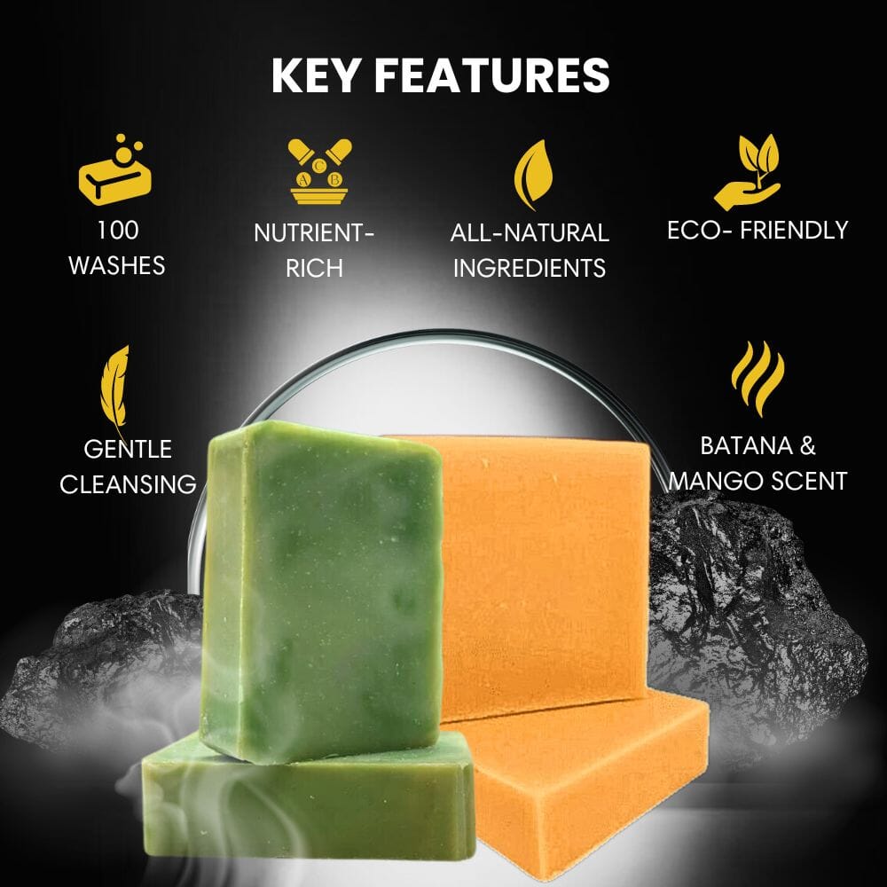 Stacked shampoo bars in green and orange with rounded rectangular bar shape