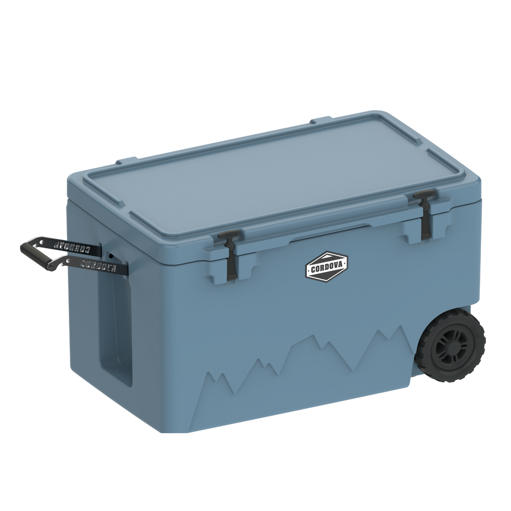 Light blue 125 qt wheeled cooler with hinged lid and front latch handles