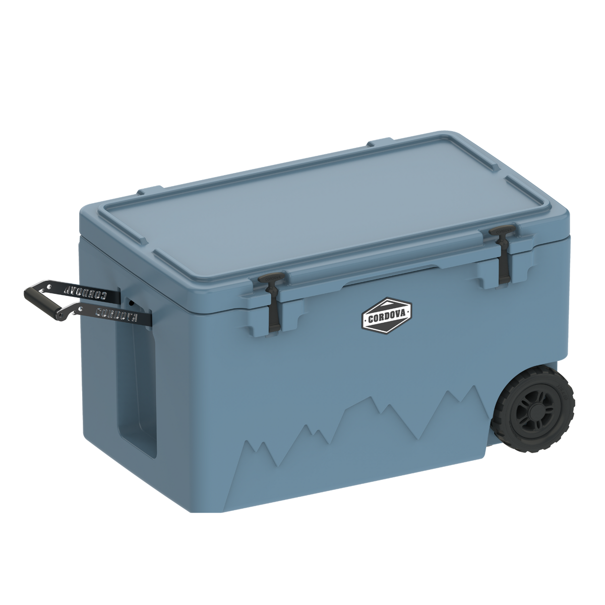 Light blue 125 qt wheeled cooler with hinged lid and front latch handles