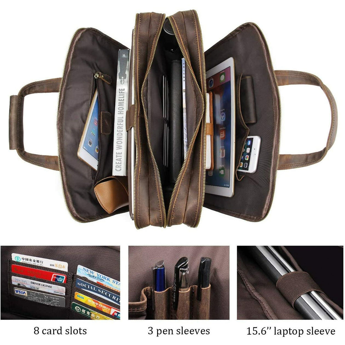 Brown leather briefcase interior with card slots, pen sleeves, and laptop sleeve
