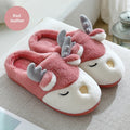 Red and white plush slippers with animal faces, fuzzy upper, and cushioned sole
