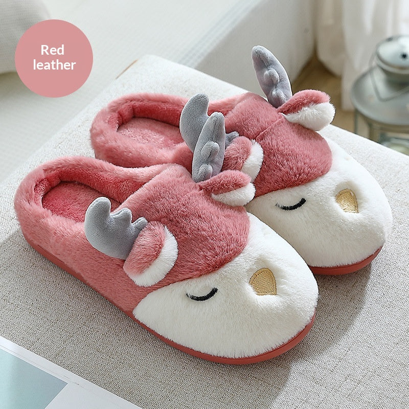 Red and white plush slippers with animal faces, fuzzy upper, and cushioned sole