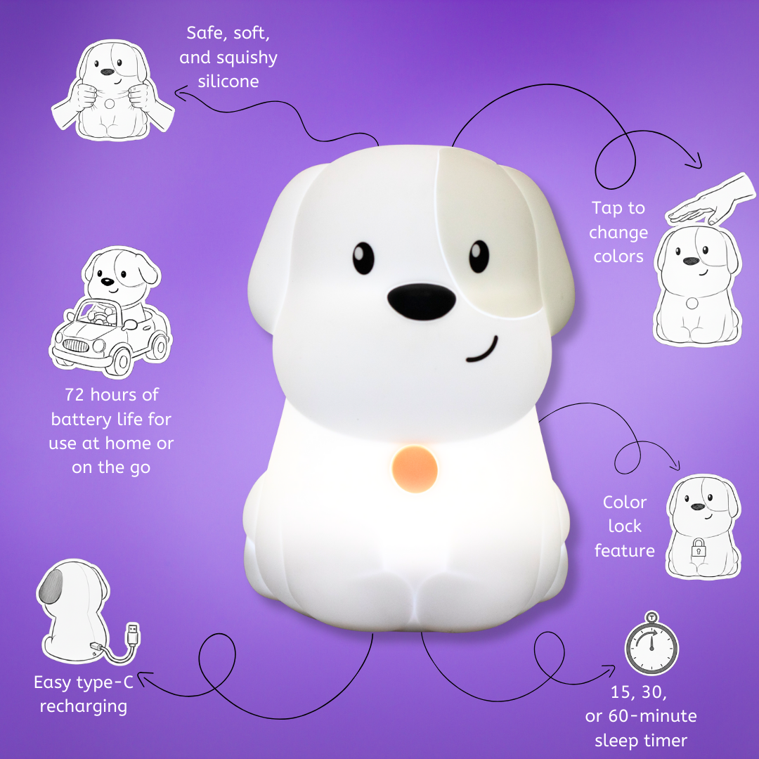 White silicone LumiPets puppy night light with orange glowing belly dot