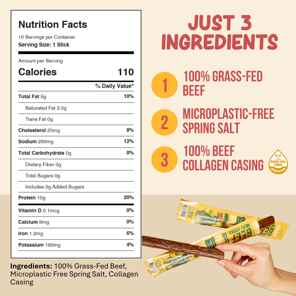 Beef meat sticks nutrition label with three ingredients panel and stick