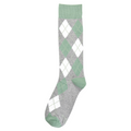 Sage green and gray argyle socks with diamond pattern and white accents