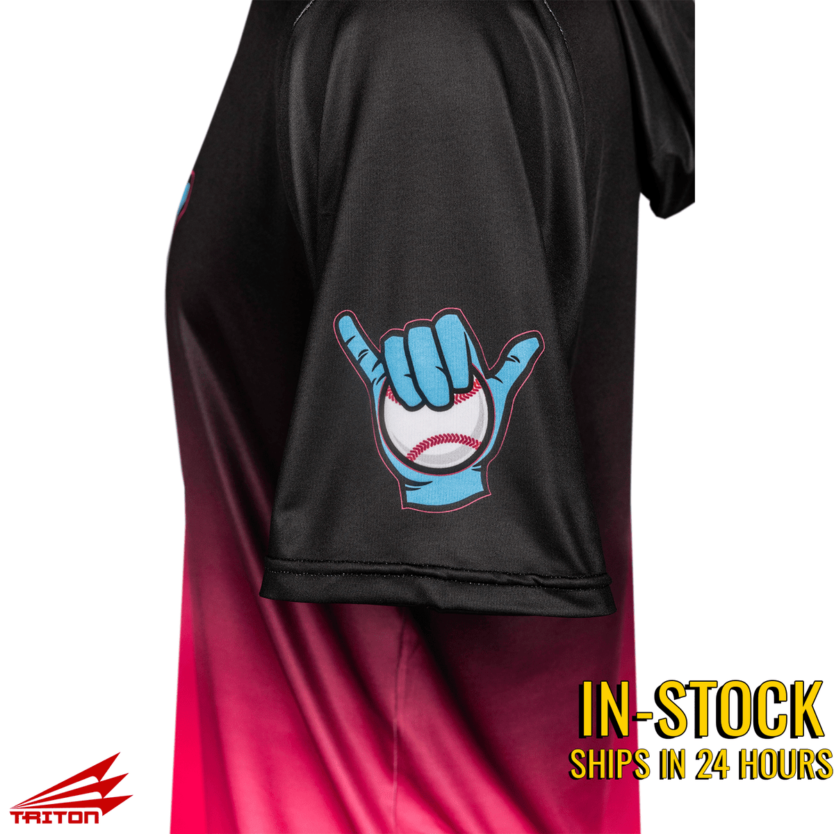 Side view short sleeve hoodie with hood, black upper and magenta lower, glove logo