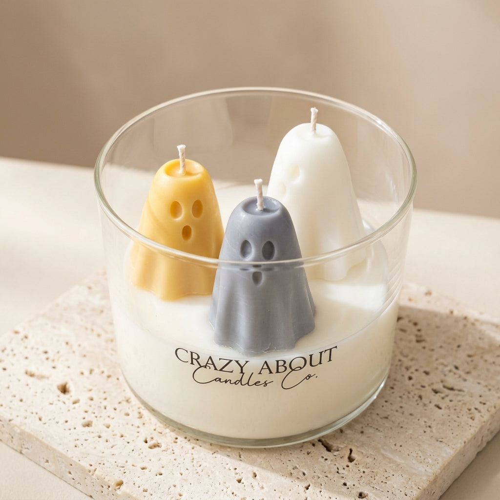 Halloween ghost trio soy candle in clear glass tumbler, yellow and gray ghost candles