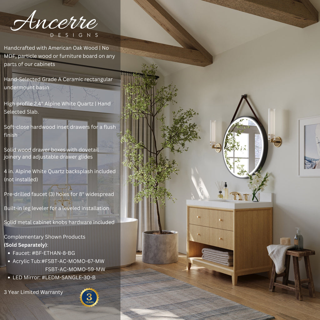 Oak bath vanity set with round mirror and gold hardware, shown with open shelving drawers