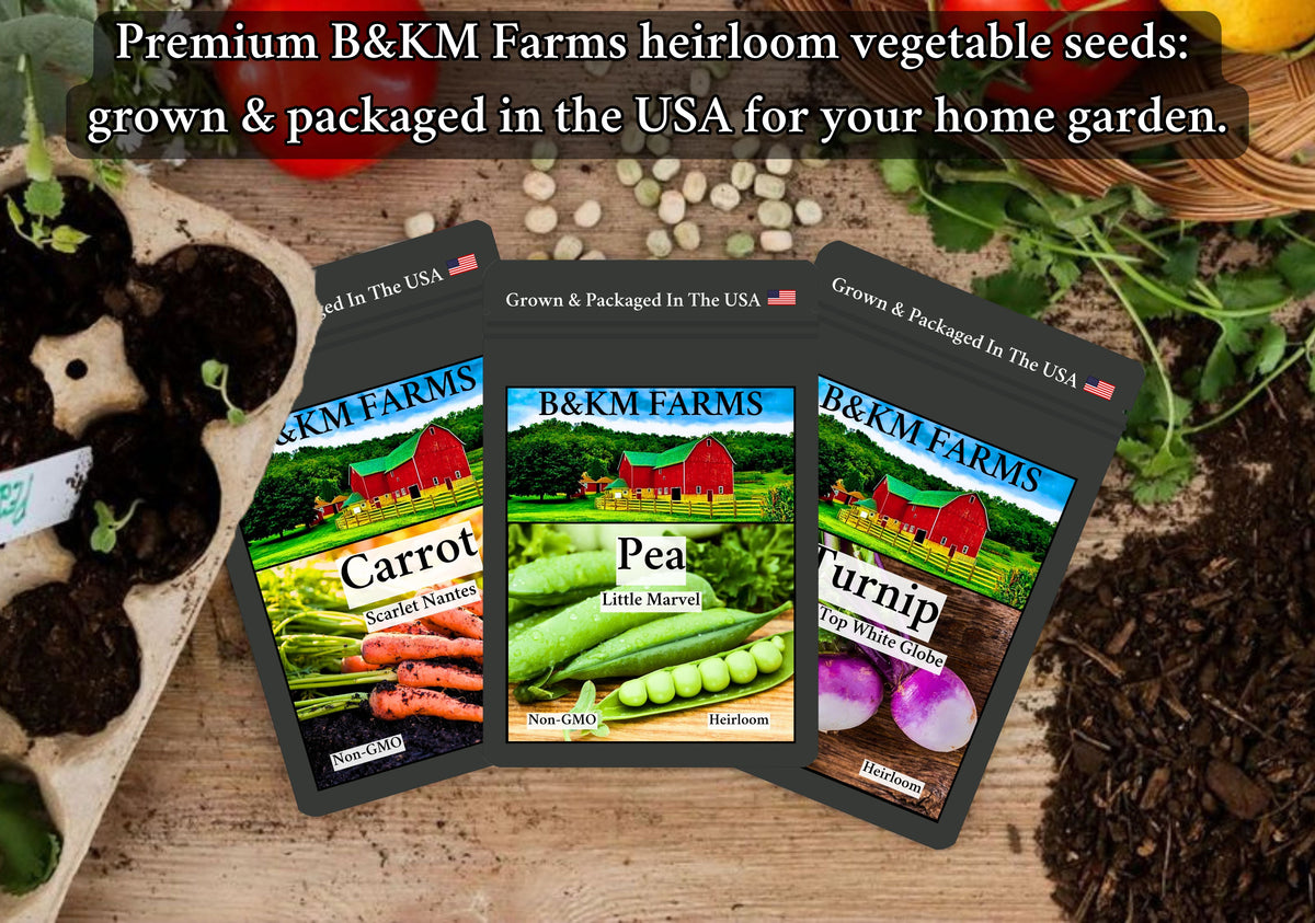Vegetable seed packet collection with multiple B&KM Farms non-GMO varieties