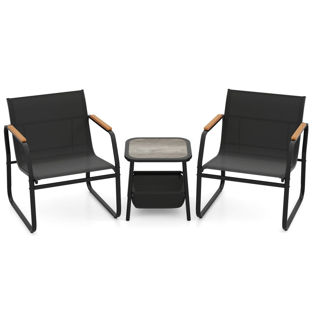 Outdoor bistro conversation set with 2 black armchairs and small round side table
