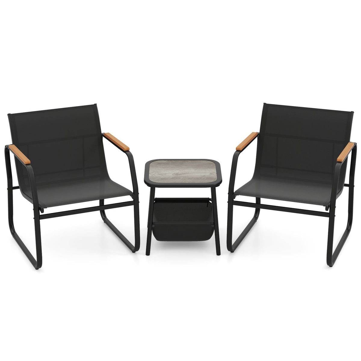 Outdoor bistro conversation set with 2 black armchairs and small round side table