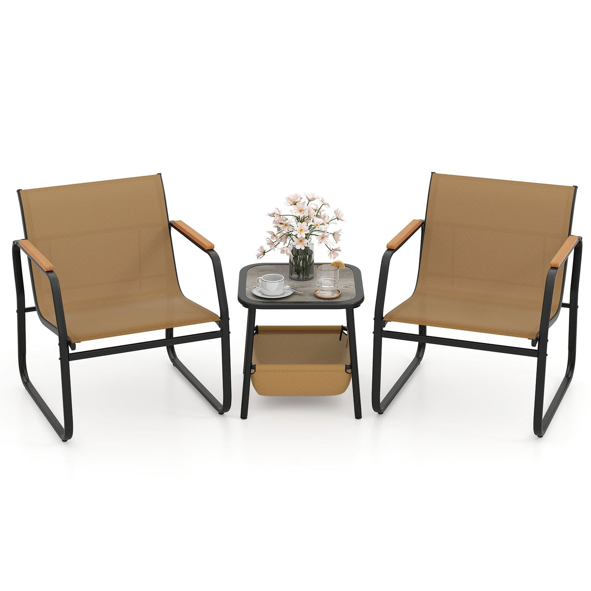 3-piece outdoor conversation set with 2 brown armchairs and round side table