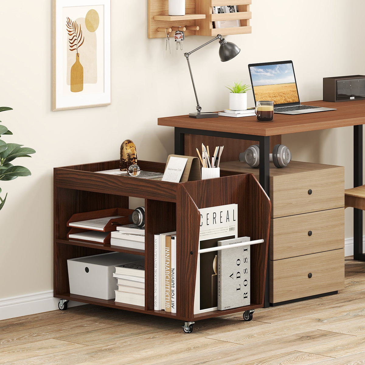 3-Tier Side End Table with Universal Wheels-Walnut