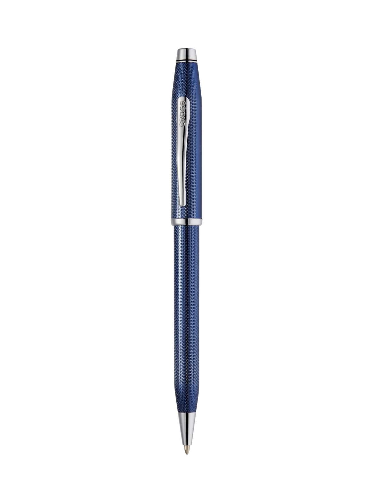 Cobalt blue translucent ballpoint pen with engraved diamond pattern and chrome cap