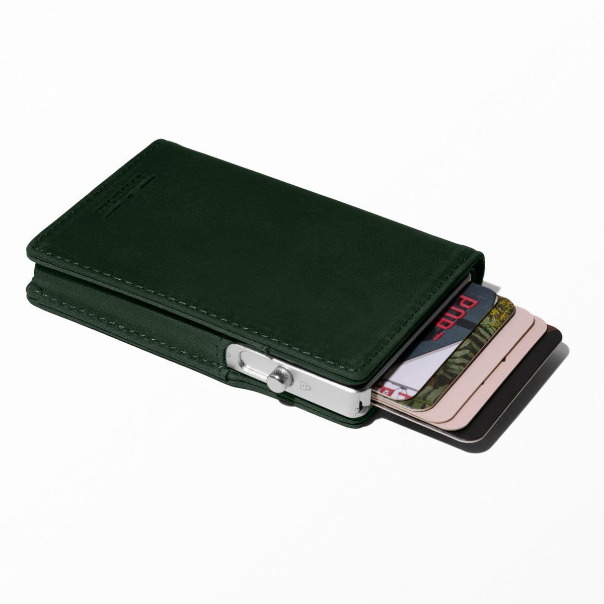 Green leather bifold wallet with card slots and silver tone snap closure