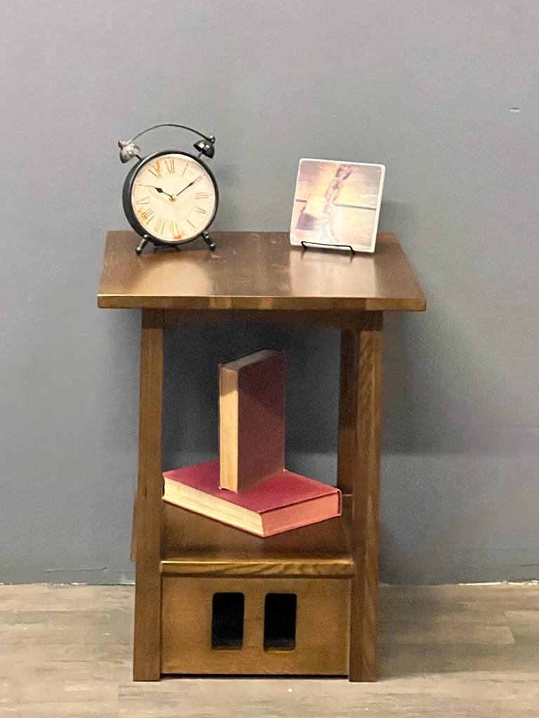 Mission style wood taboret end table with open shelf and square side cutouts