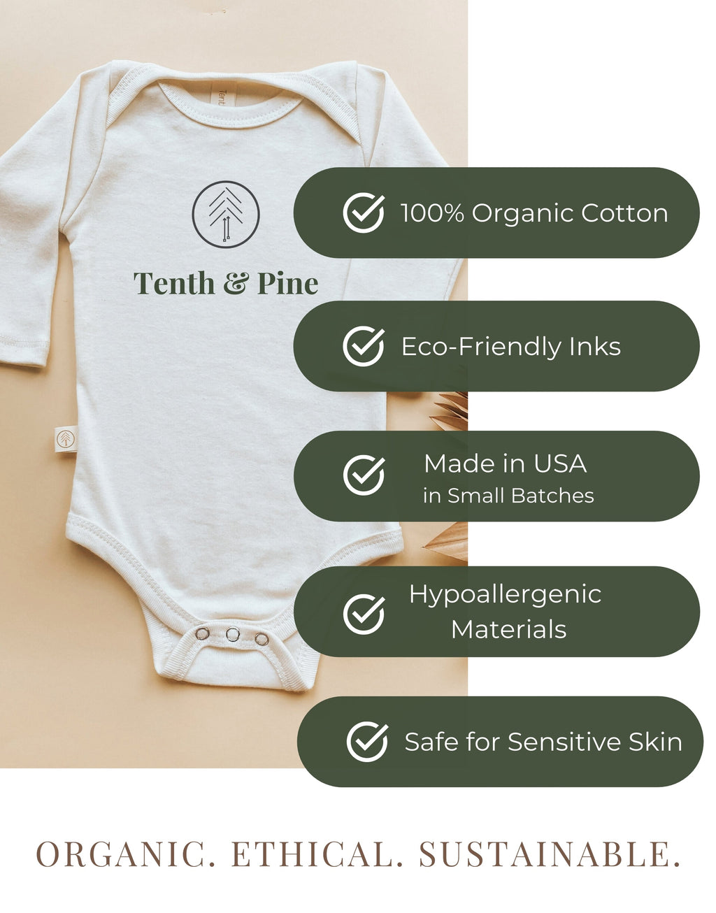 Tenth & Pine organic cotton long-sleeve bodysuit with pumpkin print, eco-friendly inks