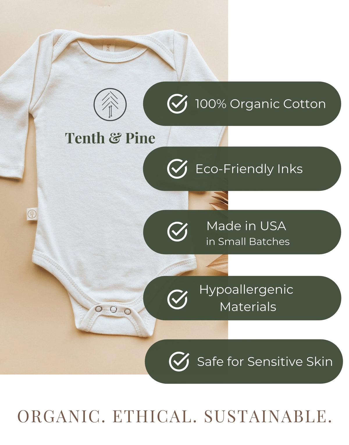 Tenth & Pine organic cotton long-sleeve bodysuit with pumpkin print, eco-friendly inks