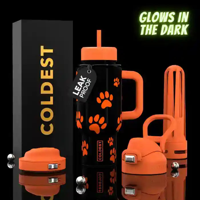 24oz Limitless Ultra v8 tumbler in black with orange paw-print pattern and orange lid