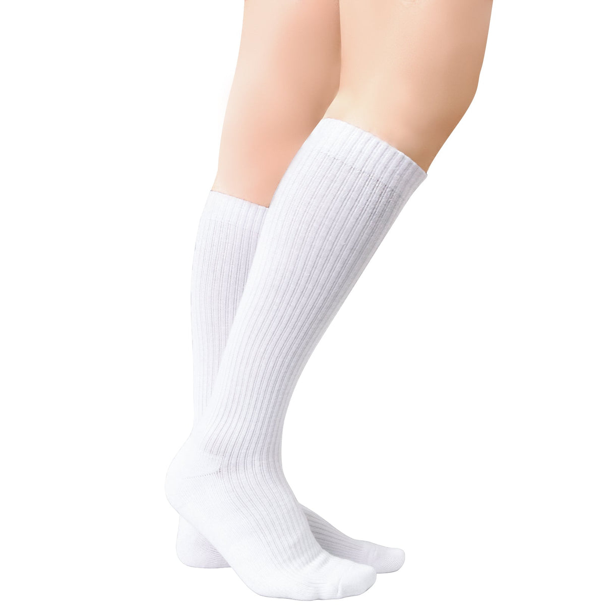 White closed-toe compression socks, ribbed knit with cushioned sole