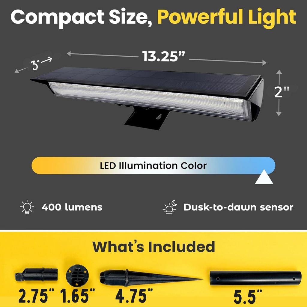 Solar sign flood light with compact rectangular panel, 13.25 in size, and mounting bracket
