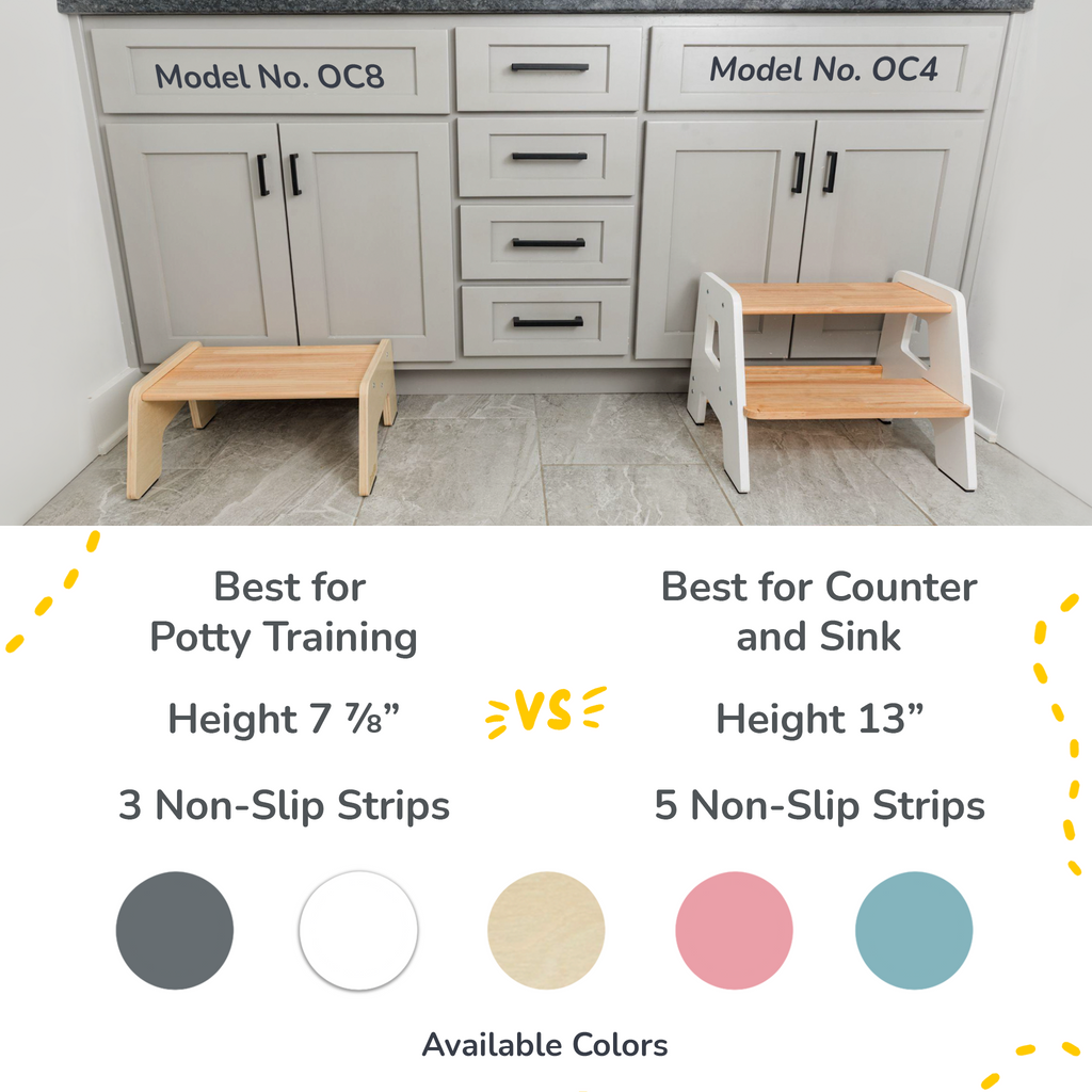 Two kids wooden step stools, shorter and taller versions with non-slip strip soles