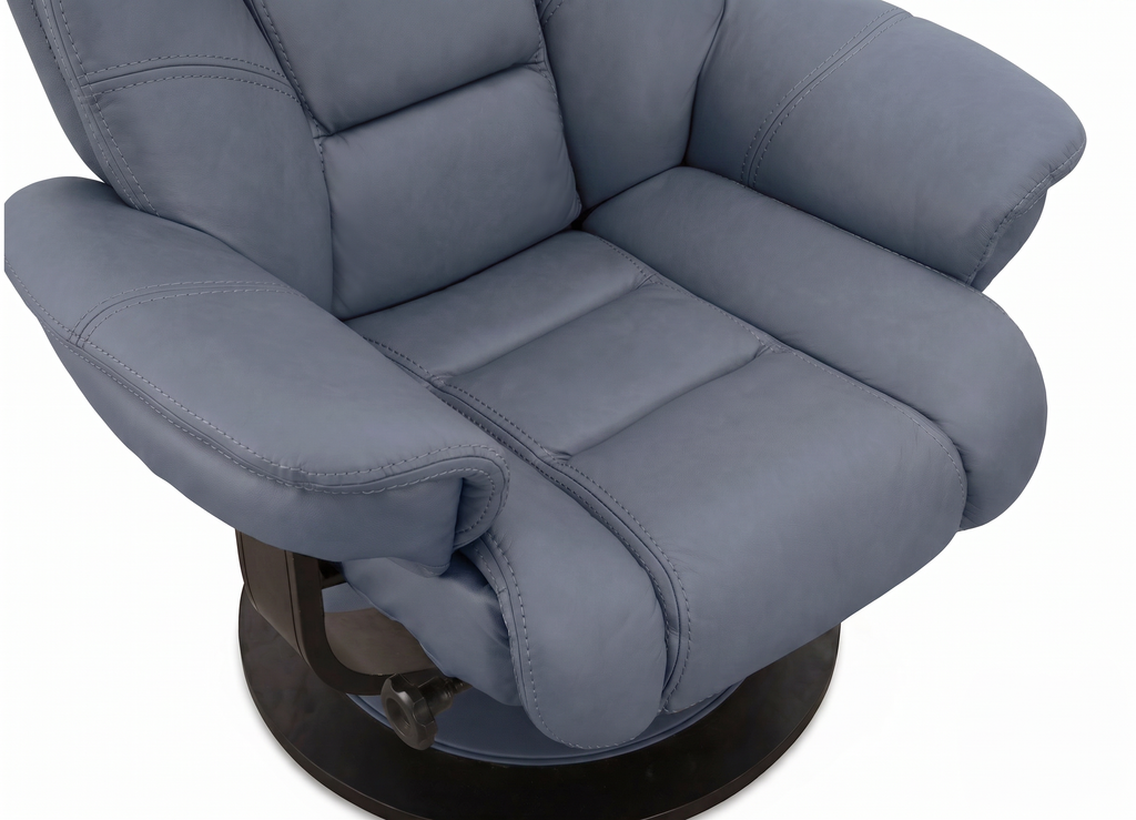 Blue Euro recliner chair with ottoman, padded headrest and curved swivel base
