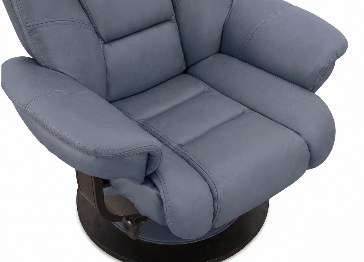 Blue Euro recliner chair with ottoman, padded headrest and curved swivel base