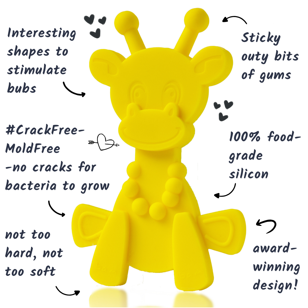 Yellow baby giraffe teether toy with textured ears, horns, and hand-like feet