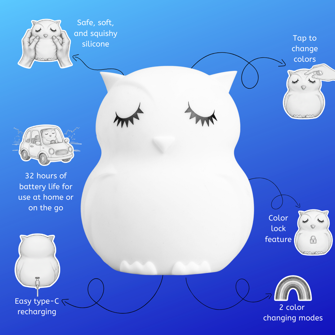 White owl touch night light with closed eyes and glow-ready design