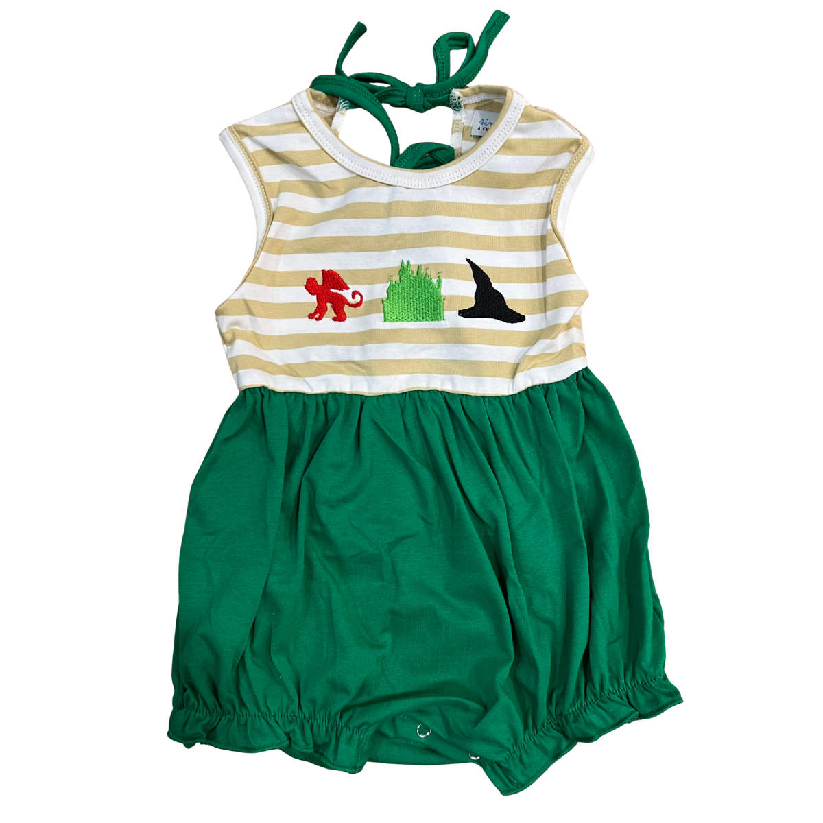 Girls striped bubble romper with Emerald City appliqué and green shorts