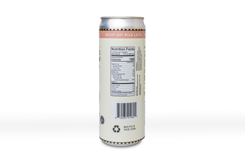 Decaf cold brew oat latte can, white label with nutrition facts and barcode