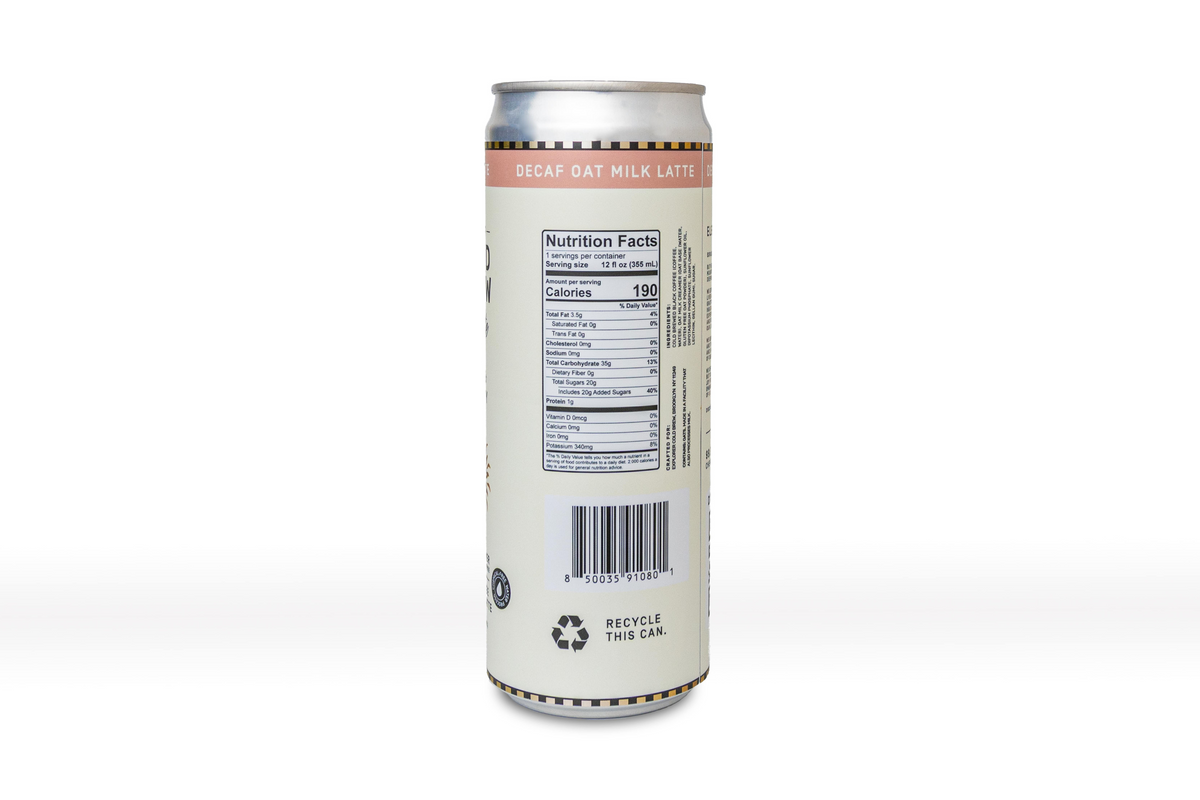 Decaf cold brew oat latte can, white label with nutrition facts and barcode