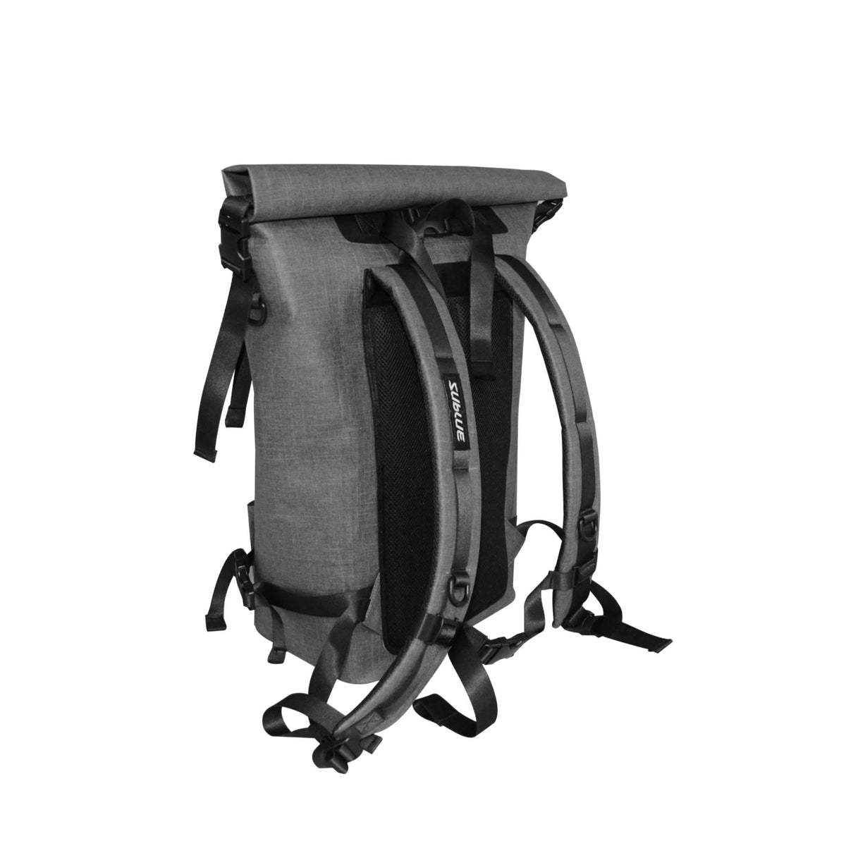 Gray waterproof 30L roll-top backpack side profile with buckle straps and carry handle
